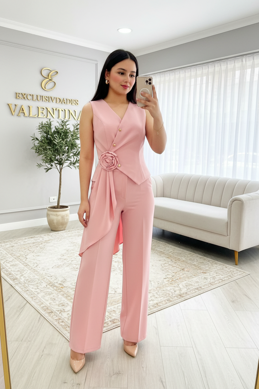 Conjunto Rosa Blusa Asimétrica Rosa 3D + Pantalón Palazzo cod.C578