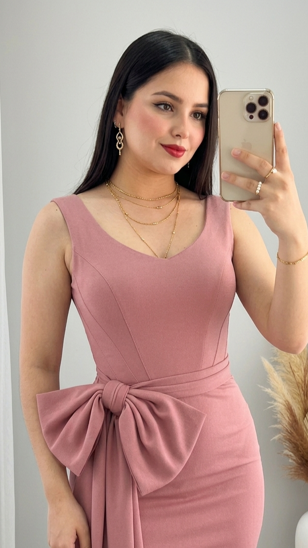 Vestido Rosa Palo Sirena Escote V Lazo Lateral cod.V565