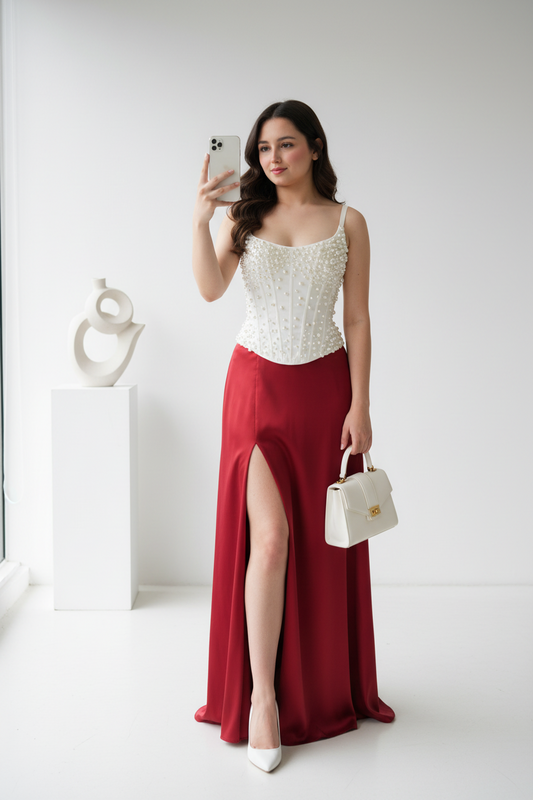 Outfits corset de perlitas más falda larga en Ceda cod.11138