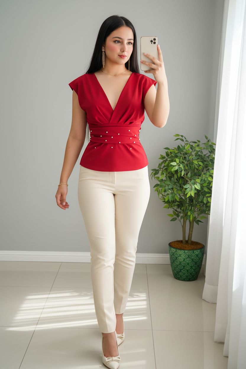 Conjunto Dos Piezas B.Roja Peplum con Perlas y P. Recto Crema cod.C614