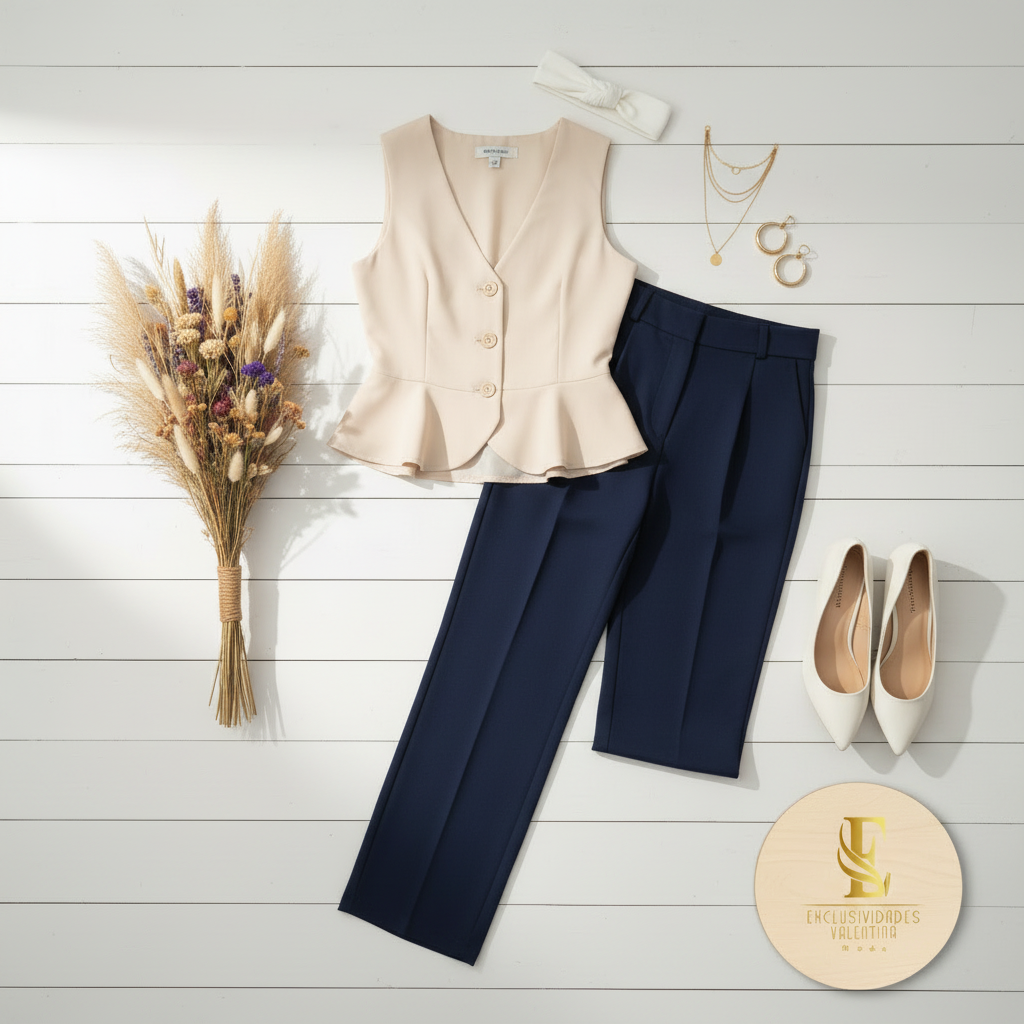 Flat lay chaleco beige con pantalón azul