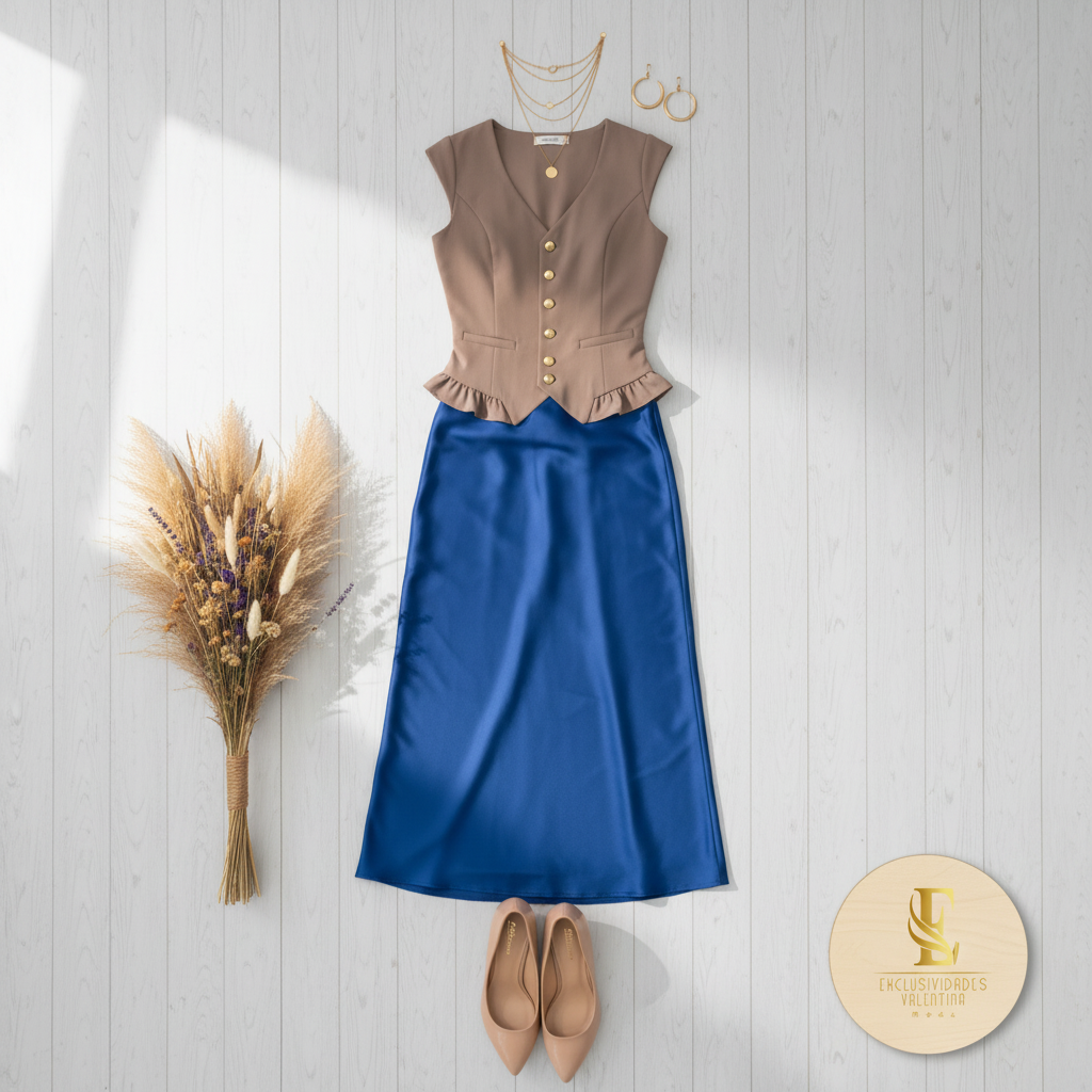 Flat lay chaleco taupe falda azul exacto