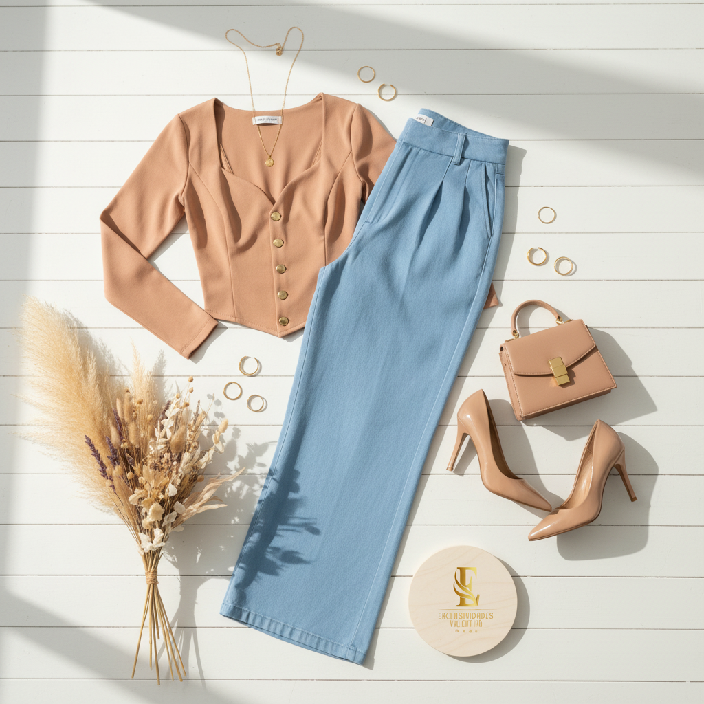 Flat lay con outfit y logo Exclusividades Valentina