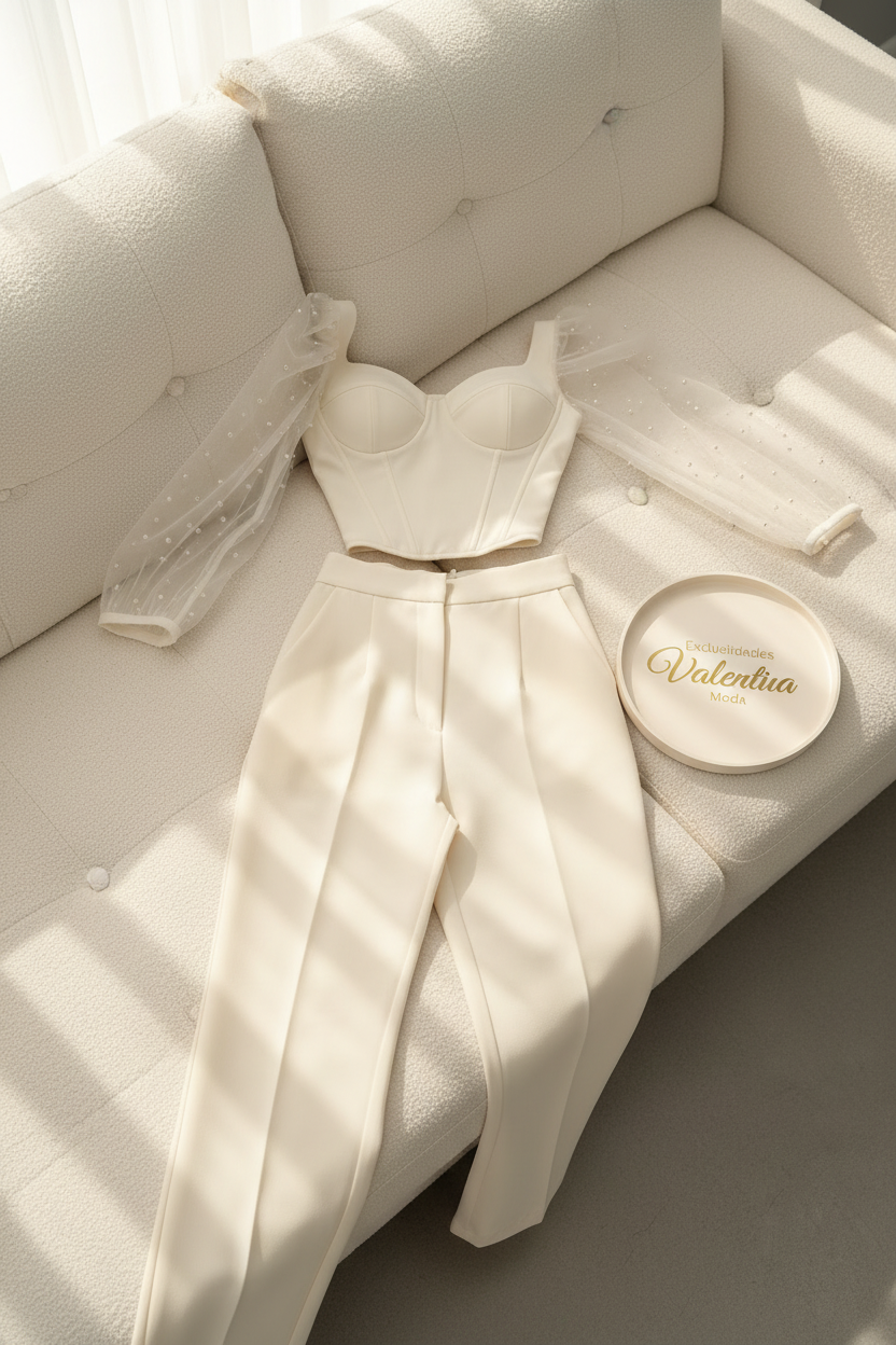 Flat lay conjunto crema corset tul