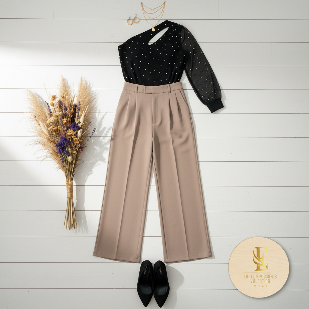 Flat lay outfit asimétrico abertura hombro