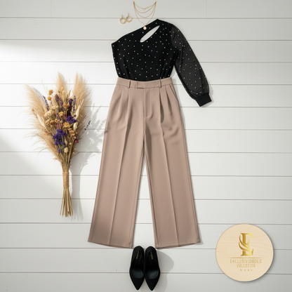 Flat lay outfit asimétrico abertura hombro