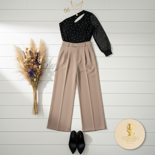 Flat lay outfit asimétrico abertura hombro