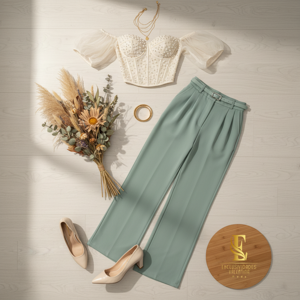 Flat lay outfit beige y verde menta