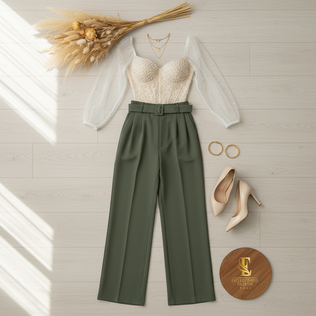 Flat lay outfit beige y verde oliva