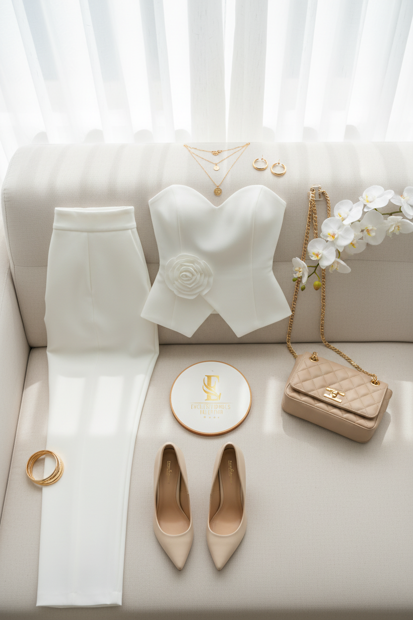 Flat lay outfit blanco con peplum