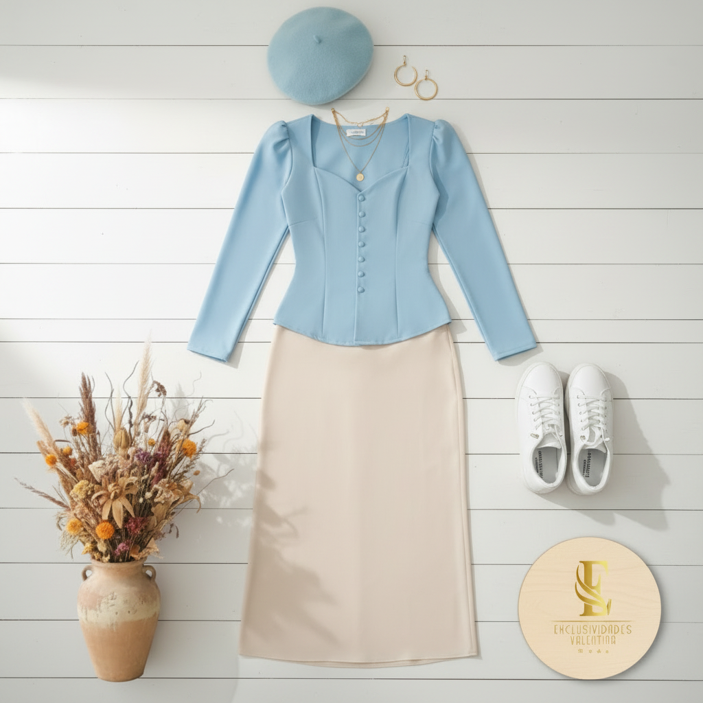 Flat lay outfit blusa azul bebé exacto