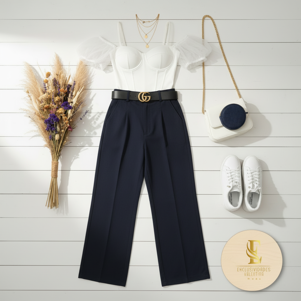 Flat lay outfit blusa blanca exacto