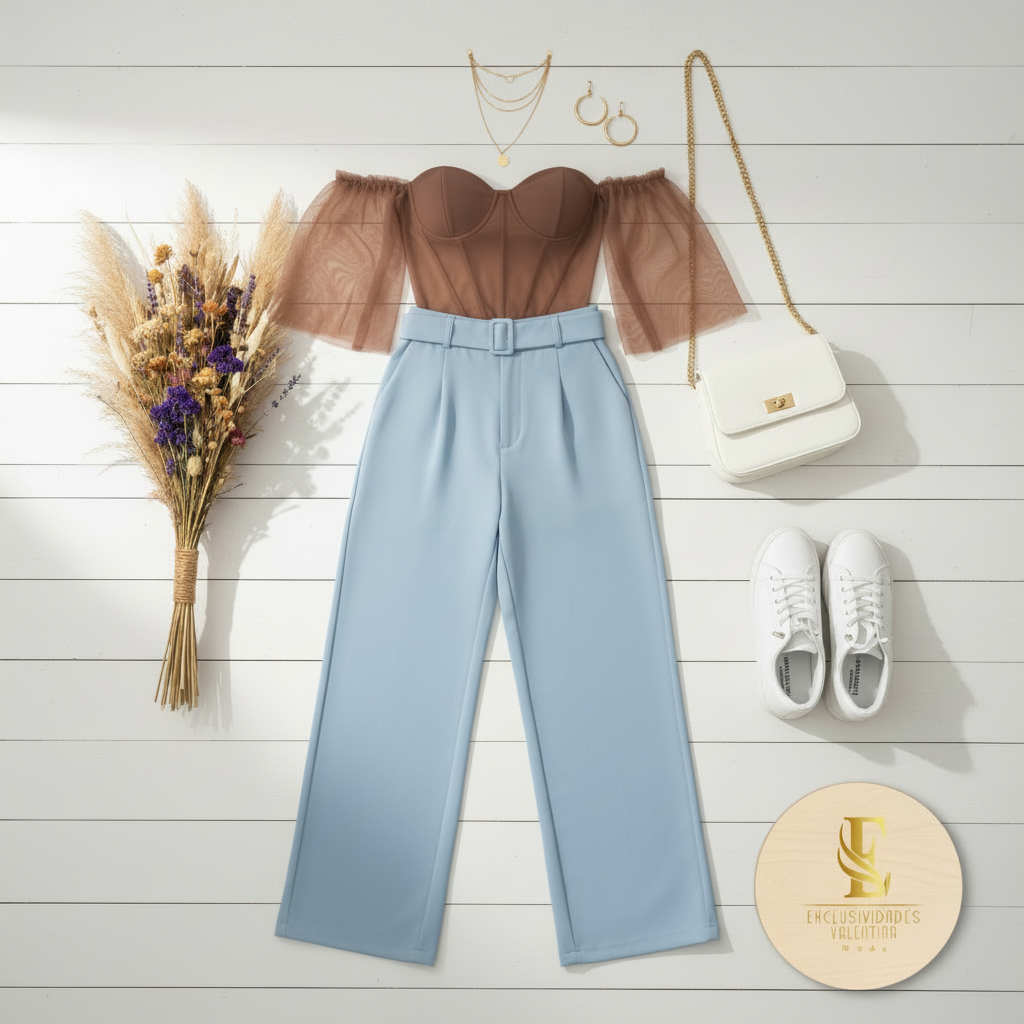 Flat lay outfit blusa café con tul