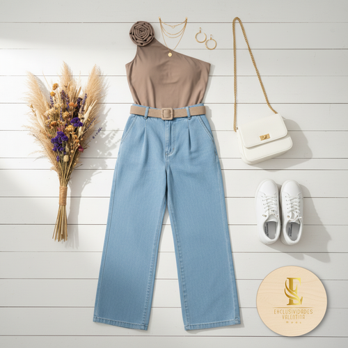 Flat lay outfit body beige con pantalón azul
