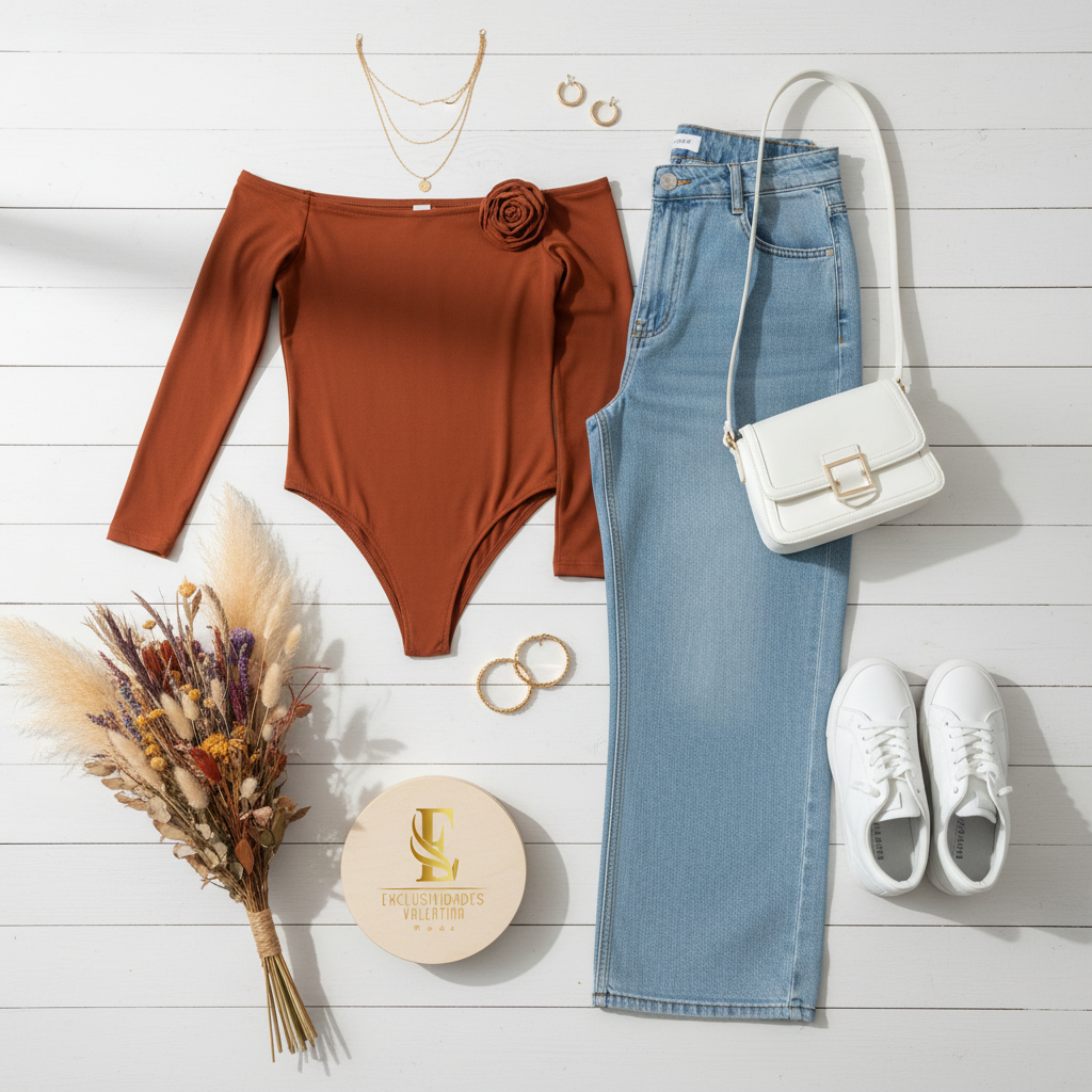 Flat lay outfit body terracota y jeans