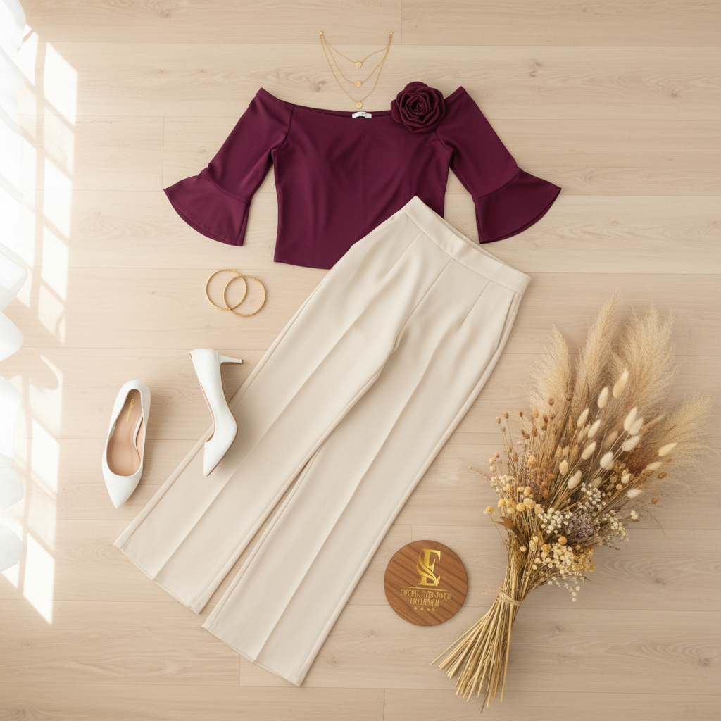 Flat lay outfit burgundy y beige