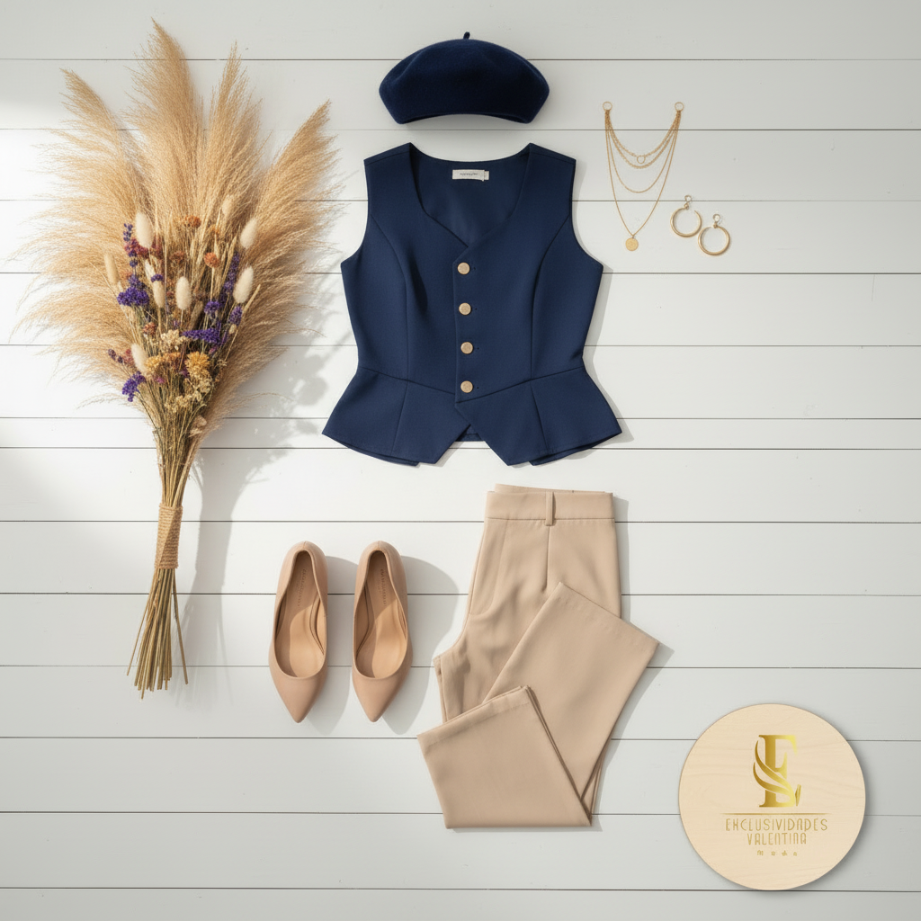 Flat lay outfit chaleco azul con pantalón beige