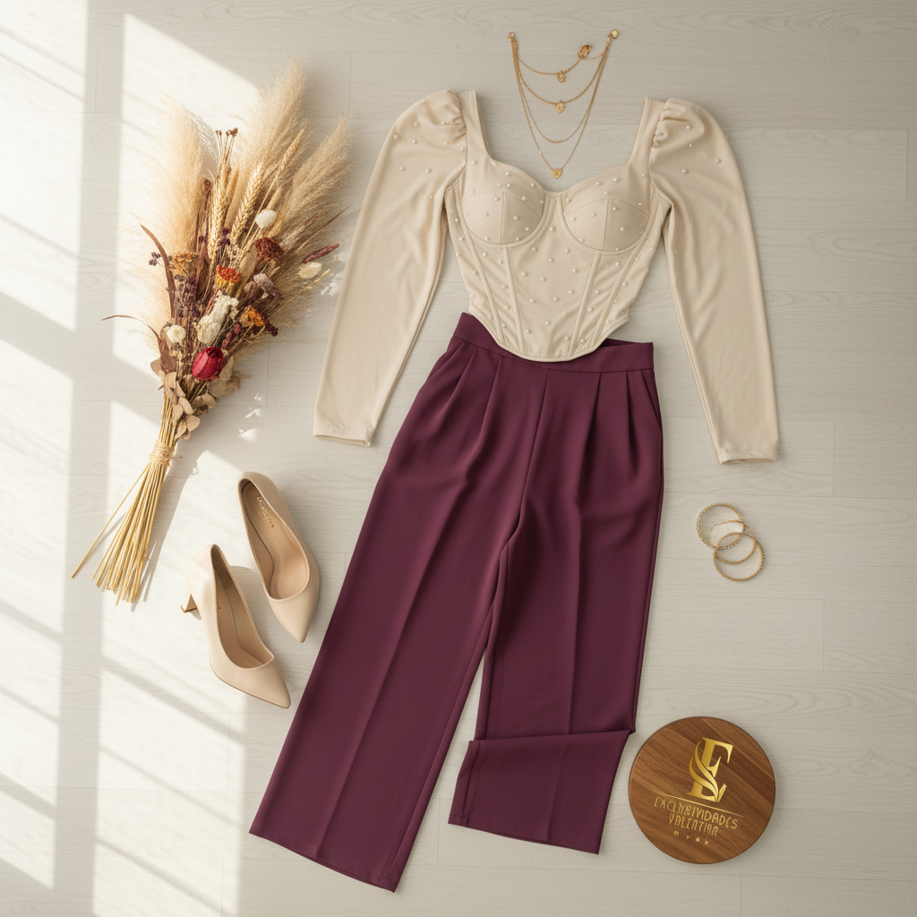 Flat lay outfit con flores sueltas