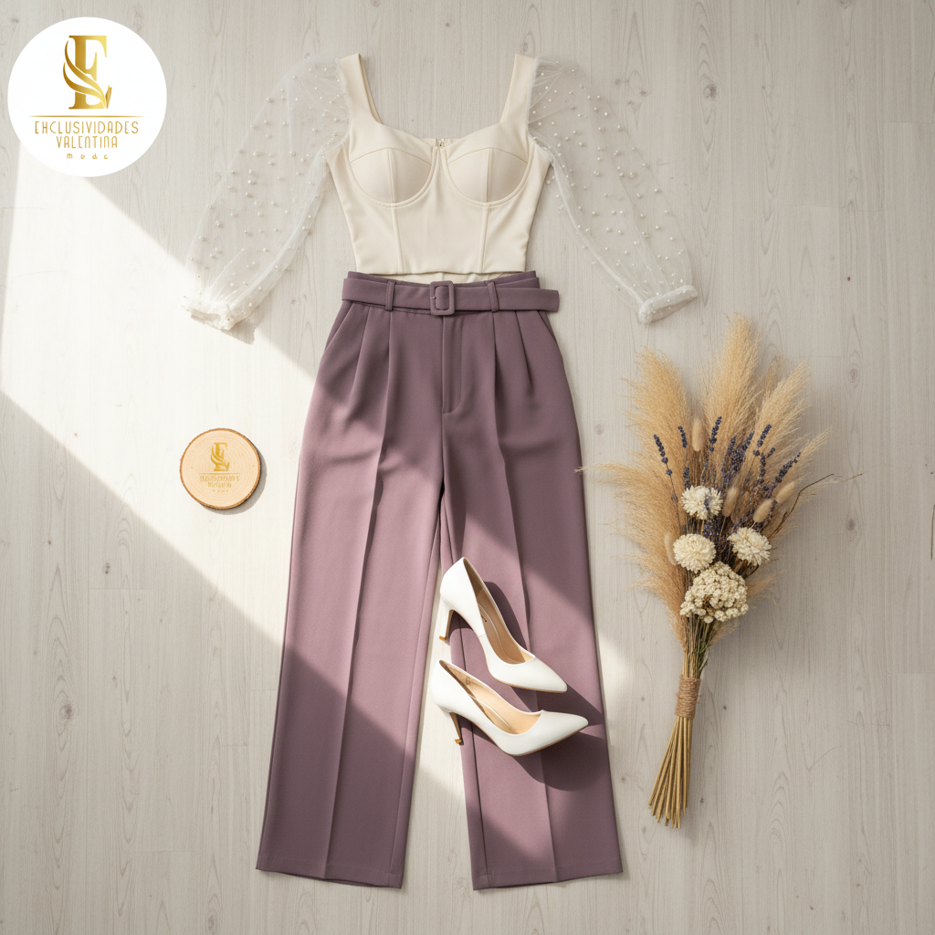 Flat lay outfit con top de perlas