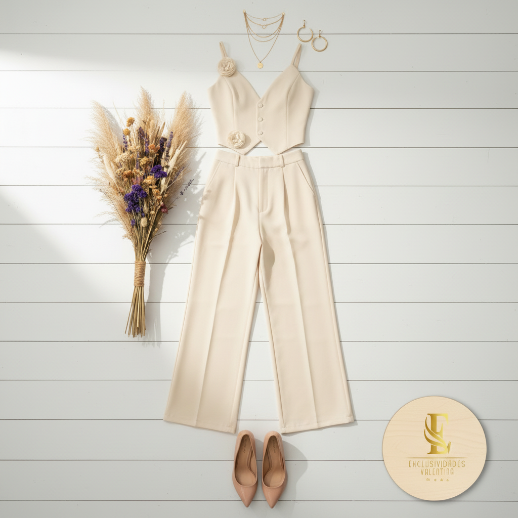 Flat lay outfit marfil dos flores izquierda