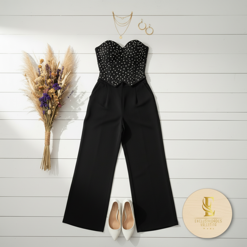 Flat lay outfit negro con pedrería