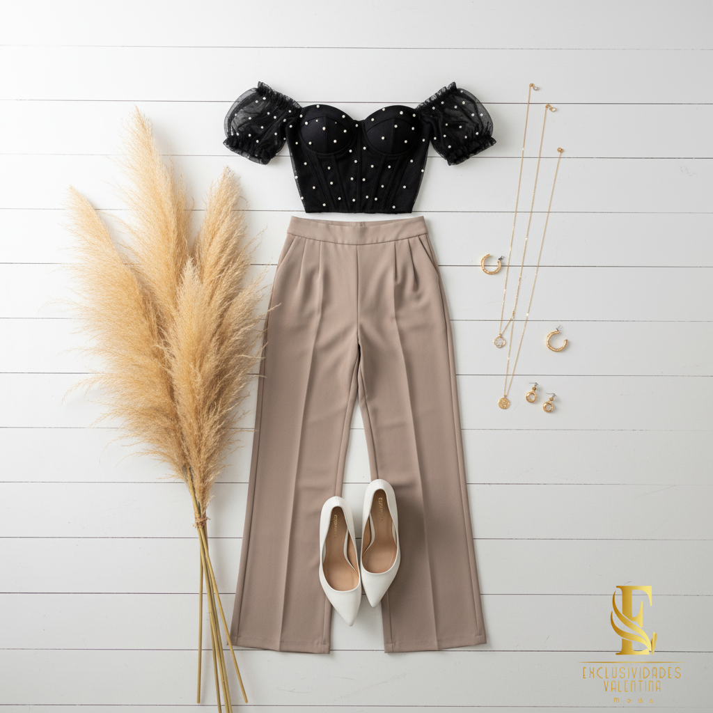 Flat lay outfit negro off-shoulder