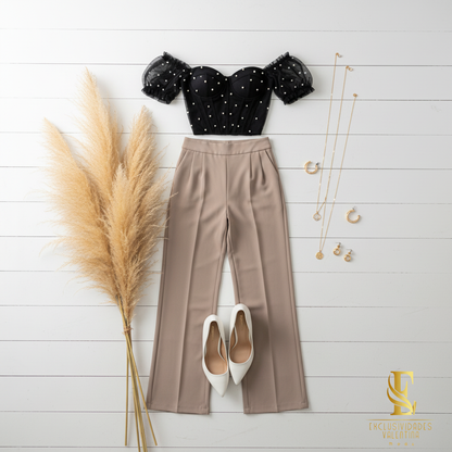 Flat lay outfit negro off-shoulder