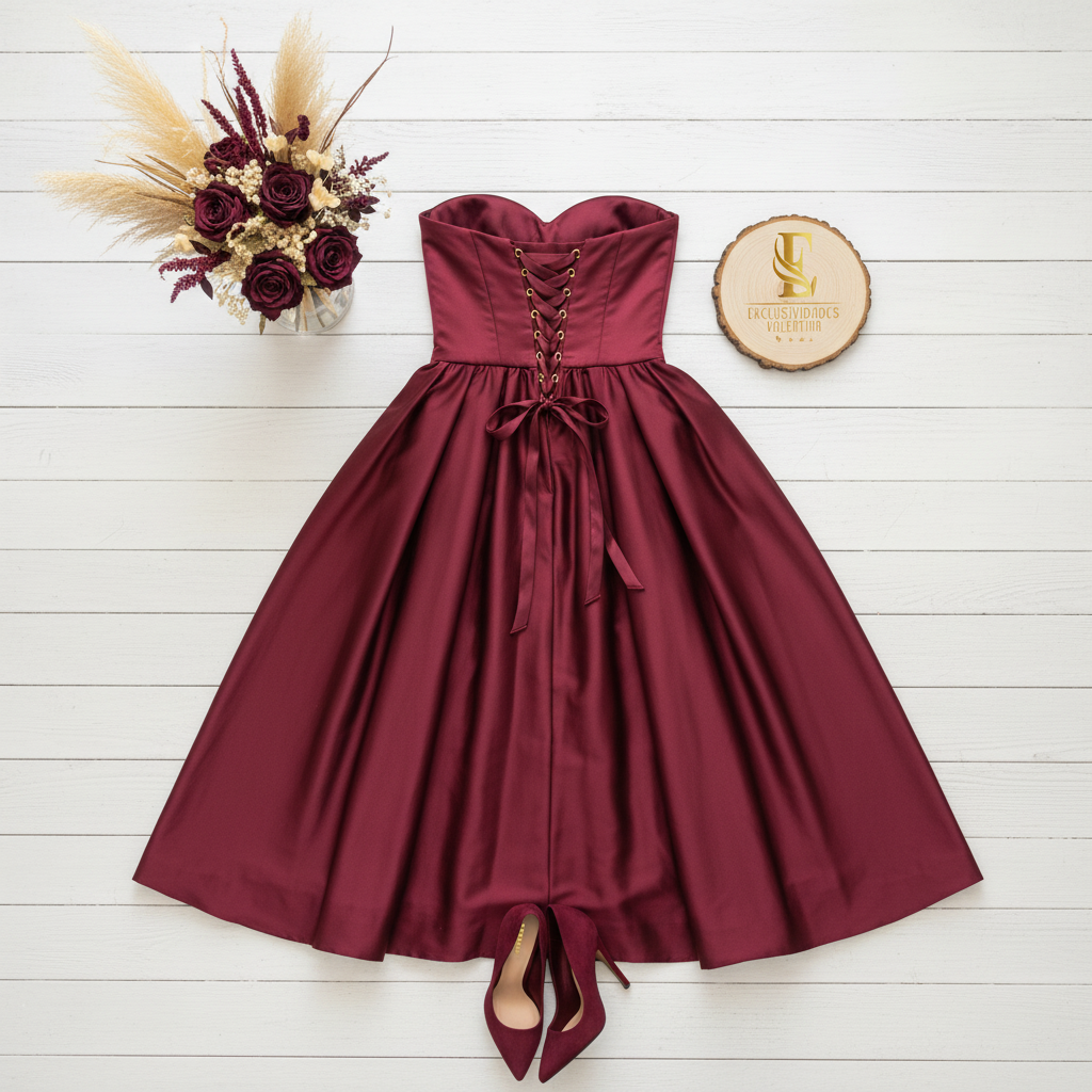 Flat lay vestido borgoña con espalda ajustable