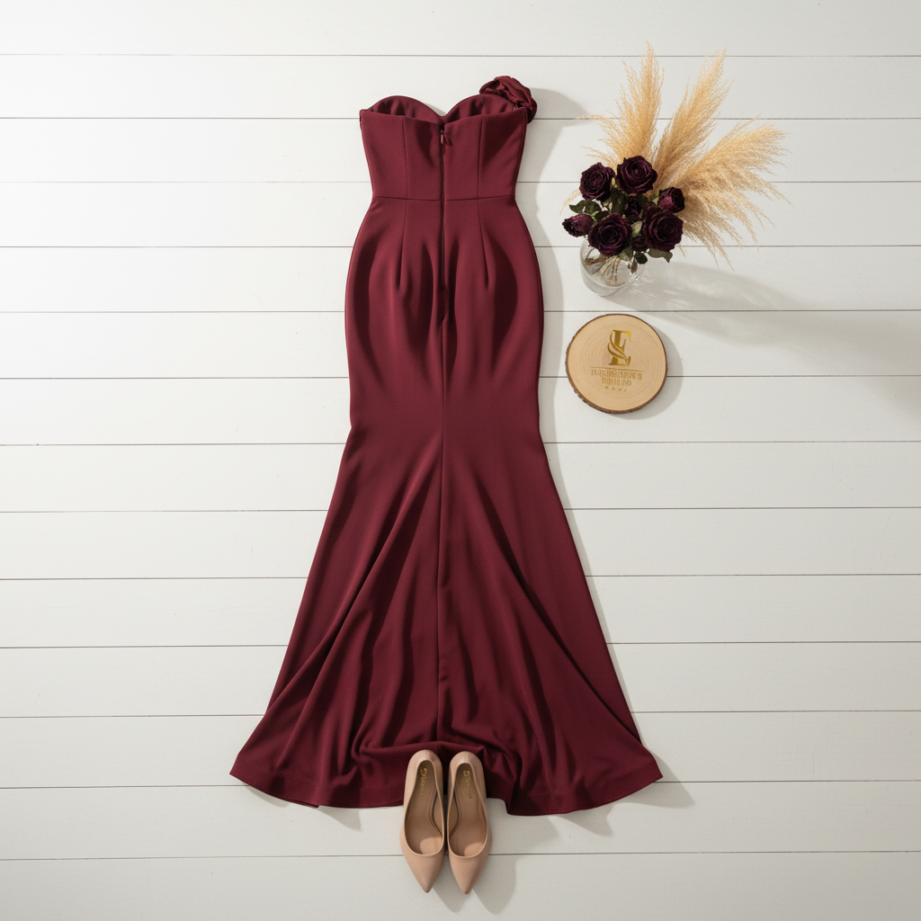 Flat lay vestido borgoña vista trasera