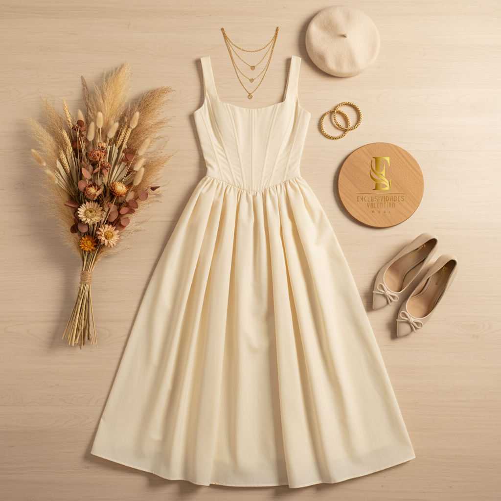 Flat lay vestido corset princesa beige
