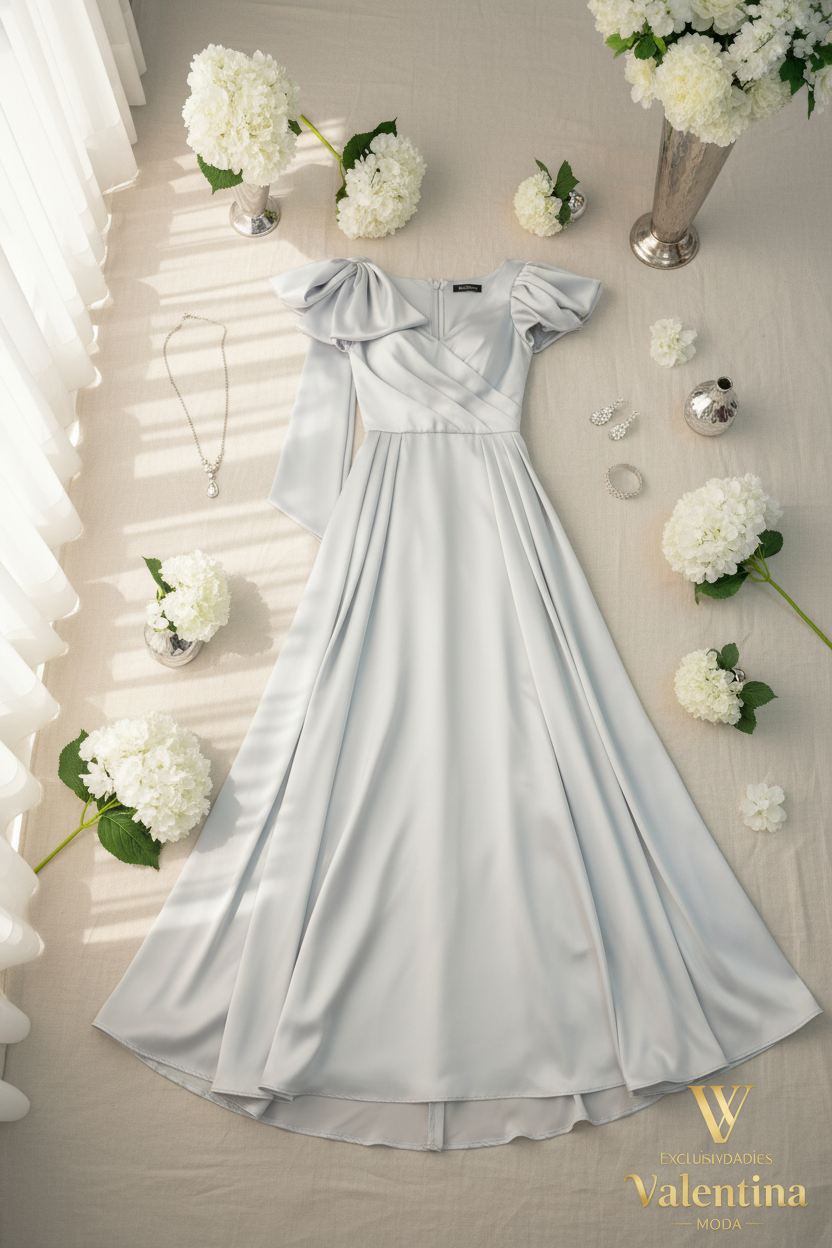 Flat lay vestido gris plateado manga abullonada hortensias