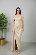 Foto completa vestido champagne dos mangas