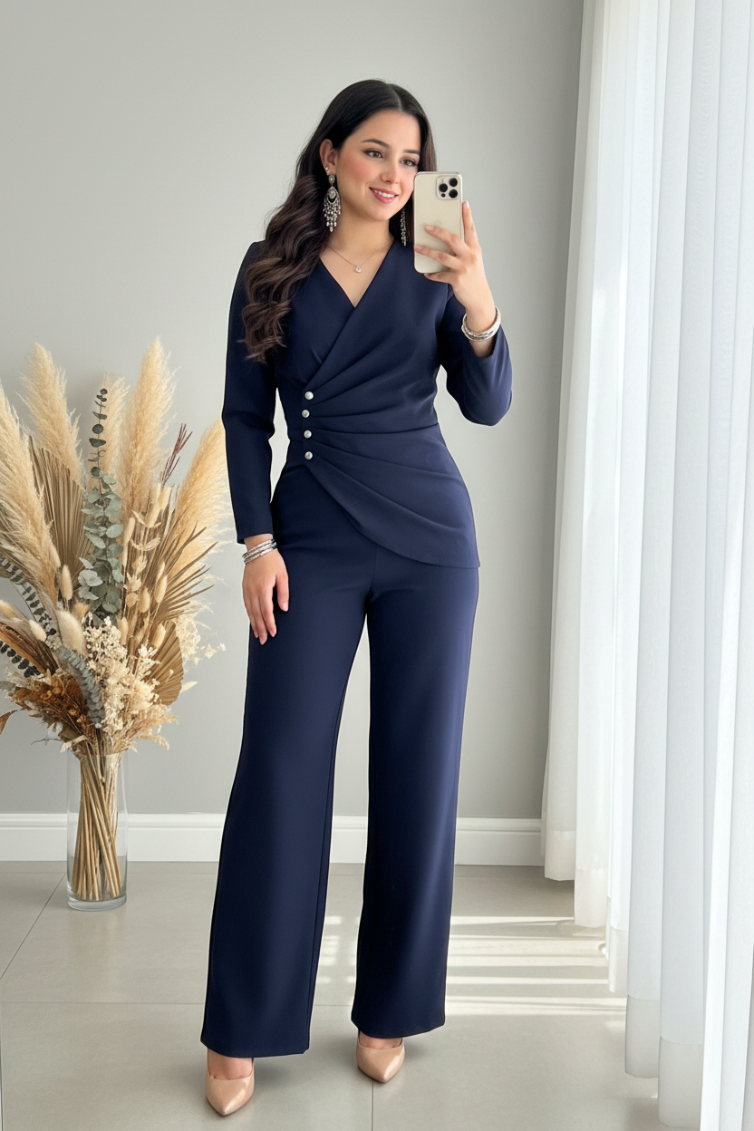 Enterizo Azul Marino Manga Larga Escote V Drapeado Botones Perla Pantalón Palazzo cod.E595