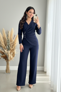 Enterizo Azul Marino Manga Larga Escote V Drapeado Botones Perla Pantalón Palazzo cod.E595