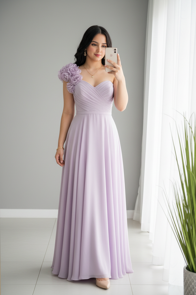 Vestido Lila Línea A con Rosas 3D en el Hombro cod.V605