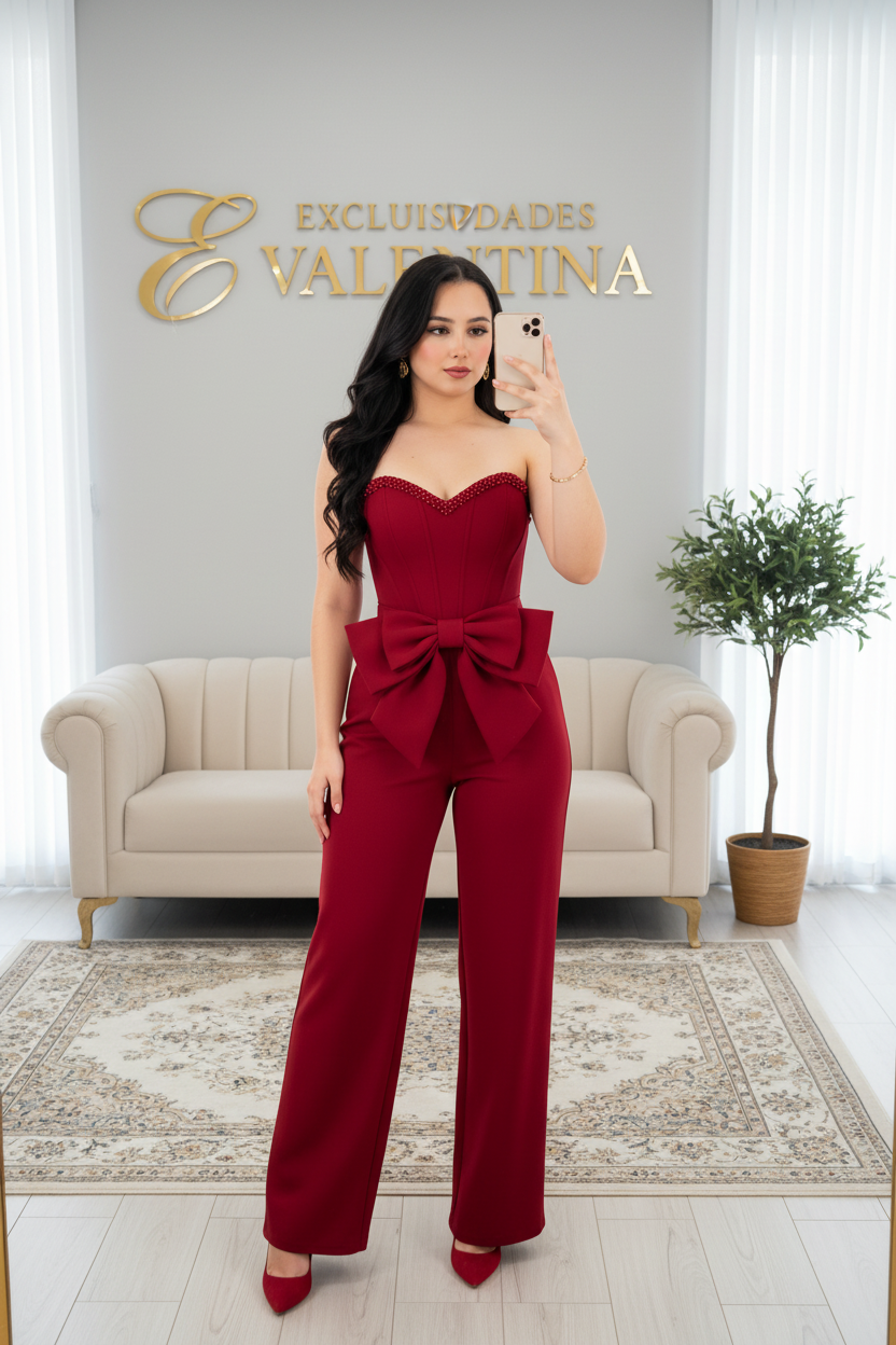 Enterizo Rojo Vino Strapless Corset con Moño y Pantalón Wide-Leg cod.E601