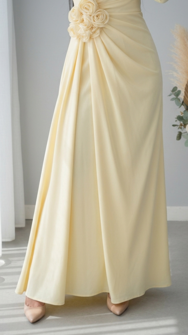 Vestido Marfil Manga Larga Drapeado Rosas D cod.V559