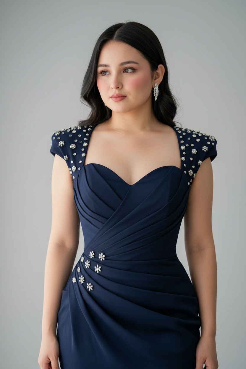 Vestido Azul Marino Escote Corazón Mangas Bordadas Flores Cristales Sirena cod.743