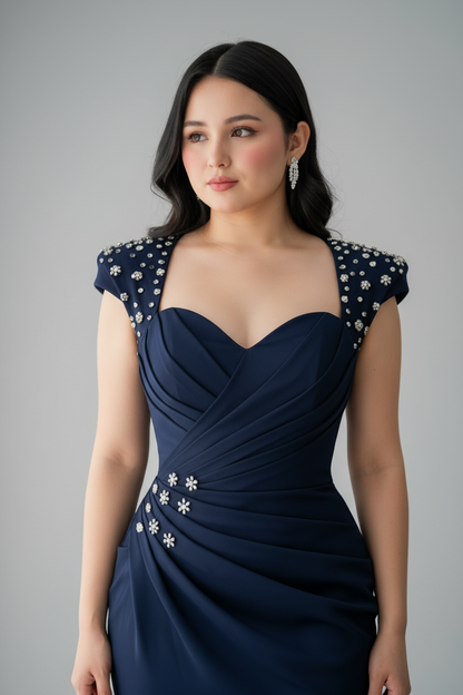Vestido Azul Marino Escote Corazón Mangas Bordadas Flores Cristales Sirena cod.743