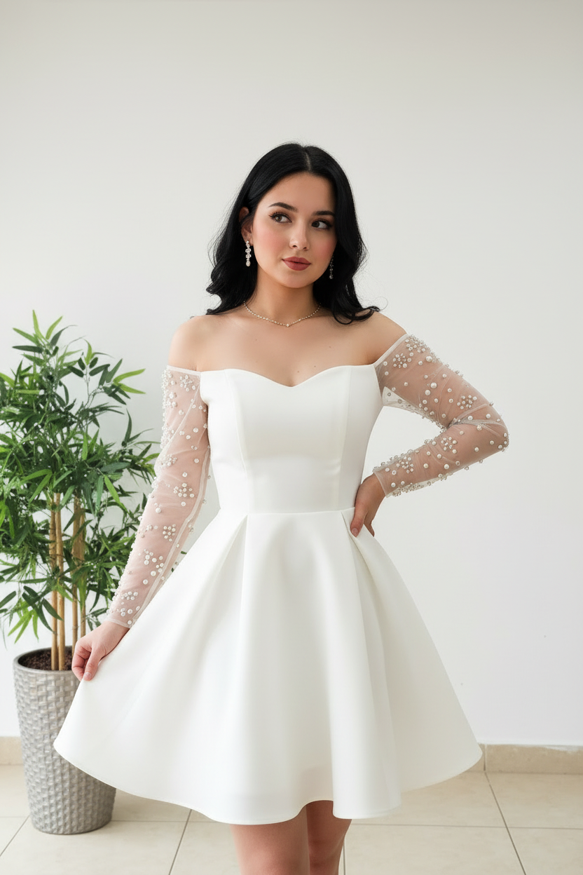 Vestido Corto Blanco Off-Shoulder con Mangas de Tul y Perlas cod.516