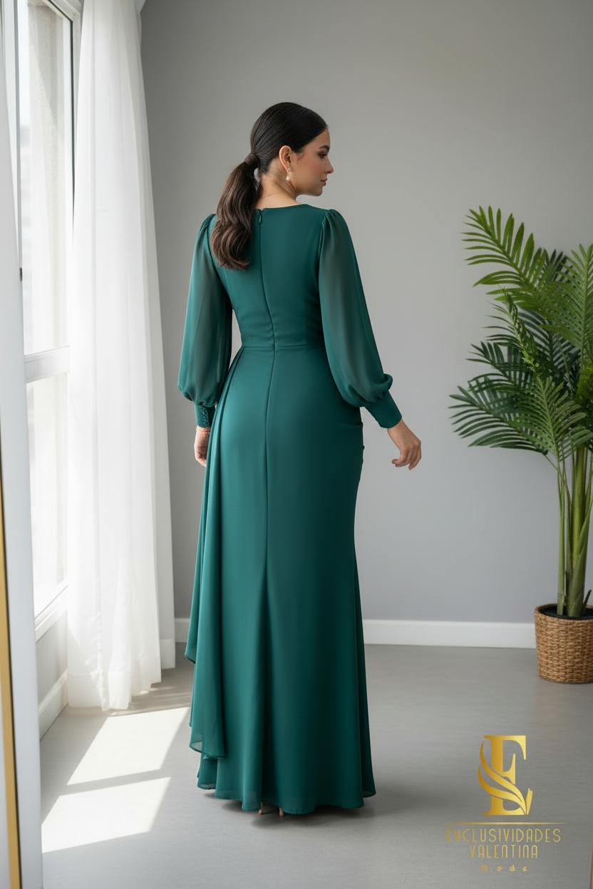 Vestido Verde Esmeralda Chiffon con Mangas Bishop y Capa Drapeada cod.V675