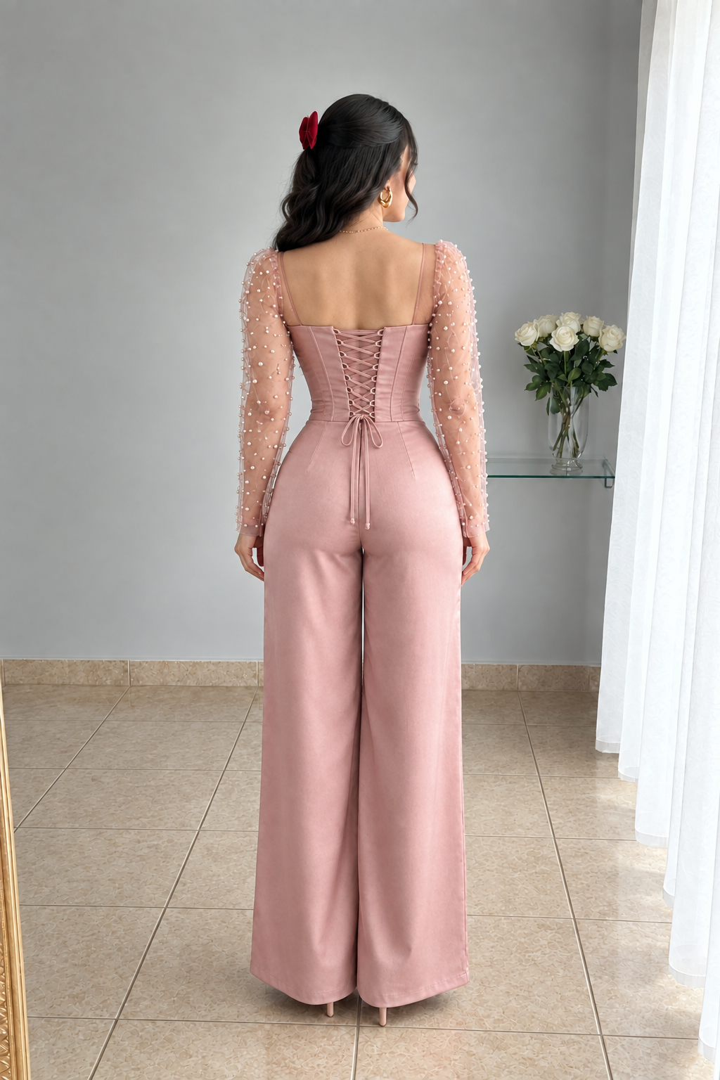Conjunto rosa palo corsé con rosa 3D y pantalón palazzo cod. CJ006