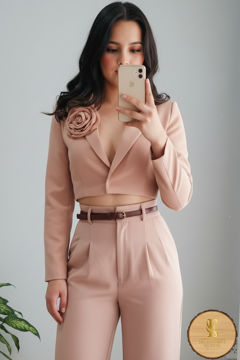 Conjunto Nude Rosado Blazer Crop Rosa 3D Pantalón Palazzo cod.00110