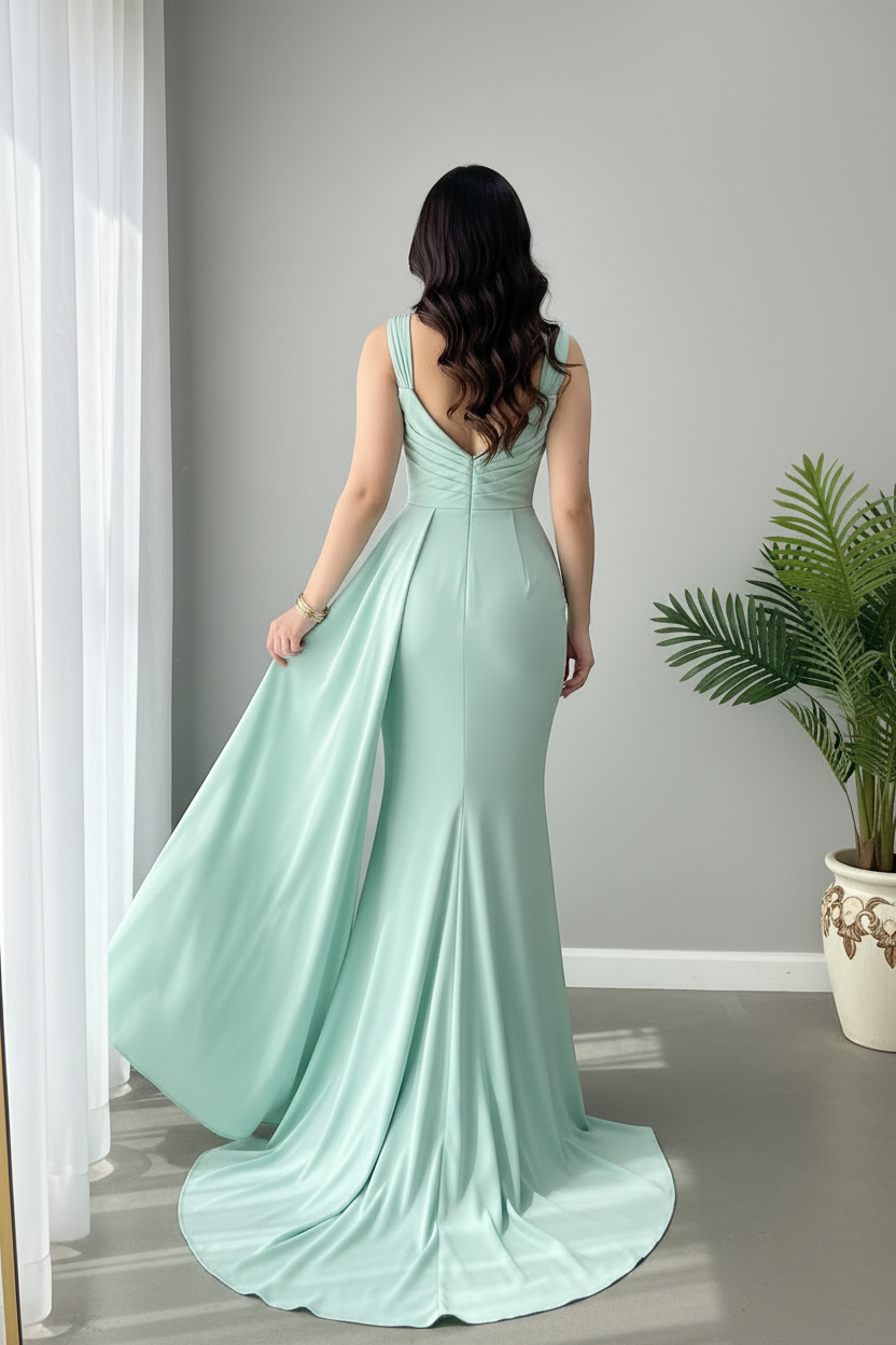 Vestido Aqua Menta Sirena con Train Lateral cod.955