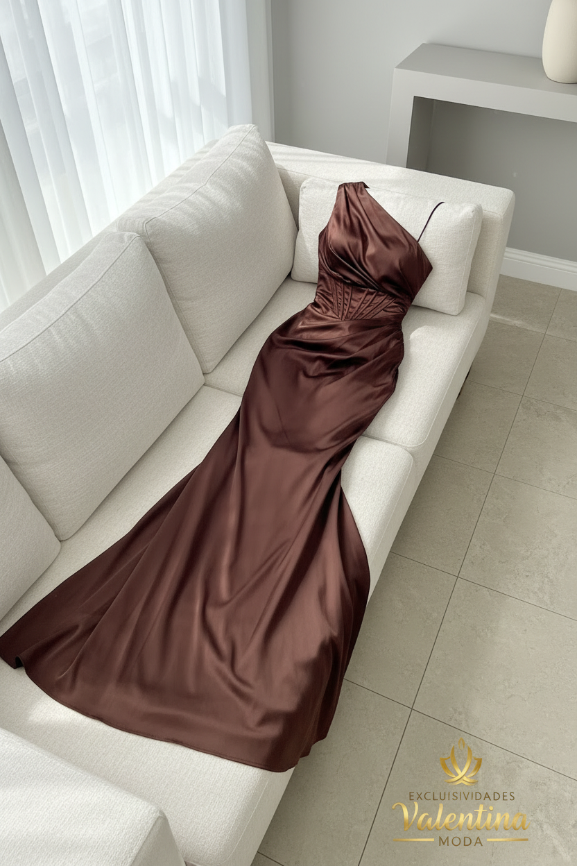 Vestido Sirena Chocolate | Un Hombro y Corsét cod.V437