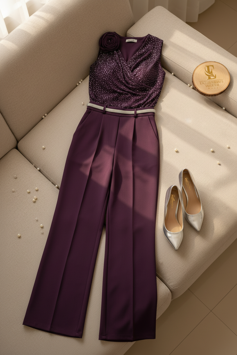 Conjunto Morado Ciruela Top Brillos Rosa 3D y Pantalón Palazzo cod.547