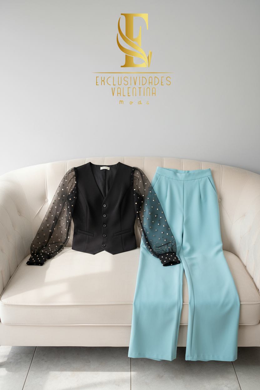 Conjunto Negro Chaleco Organza Perlas + Pantalón Palazzo Celeste cod.C584