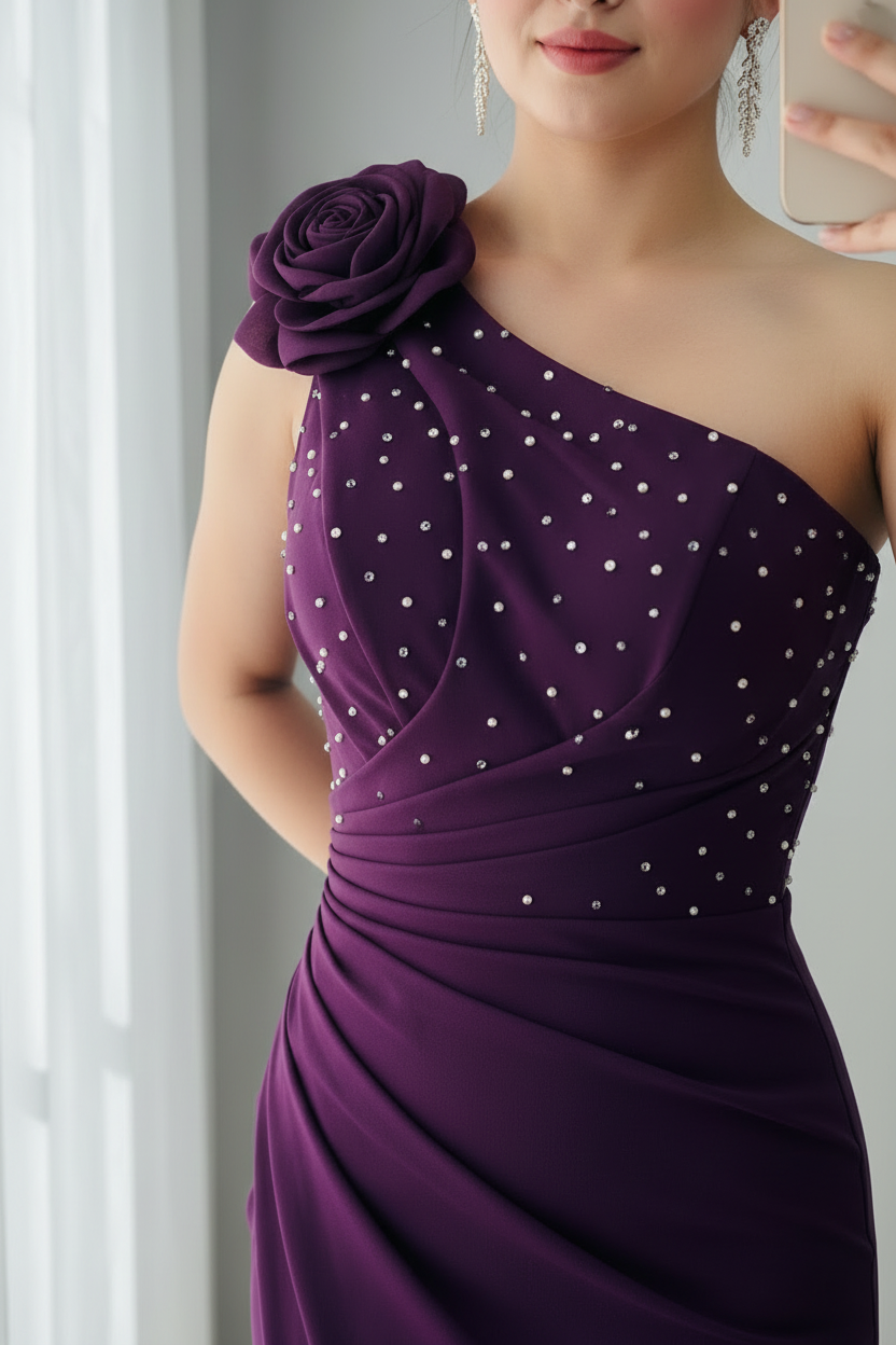 Vestido Morado Uva Un Hombro Rosa 3D Corsé Perlas cod.V0060