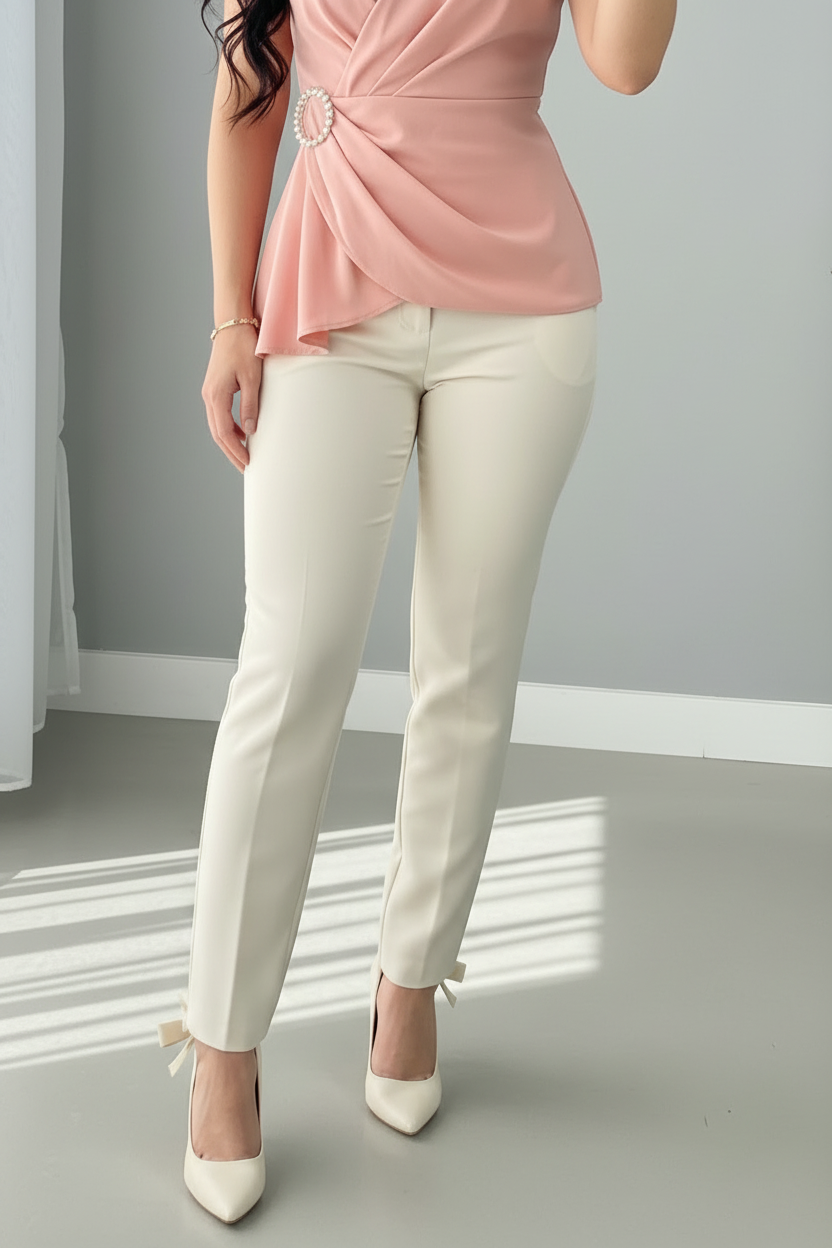 Conjunto Dos Piezas B. Rosa Peplum con Broche de Perlas y P. Pitillo Crema cod.C612