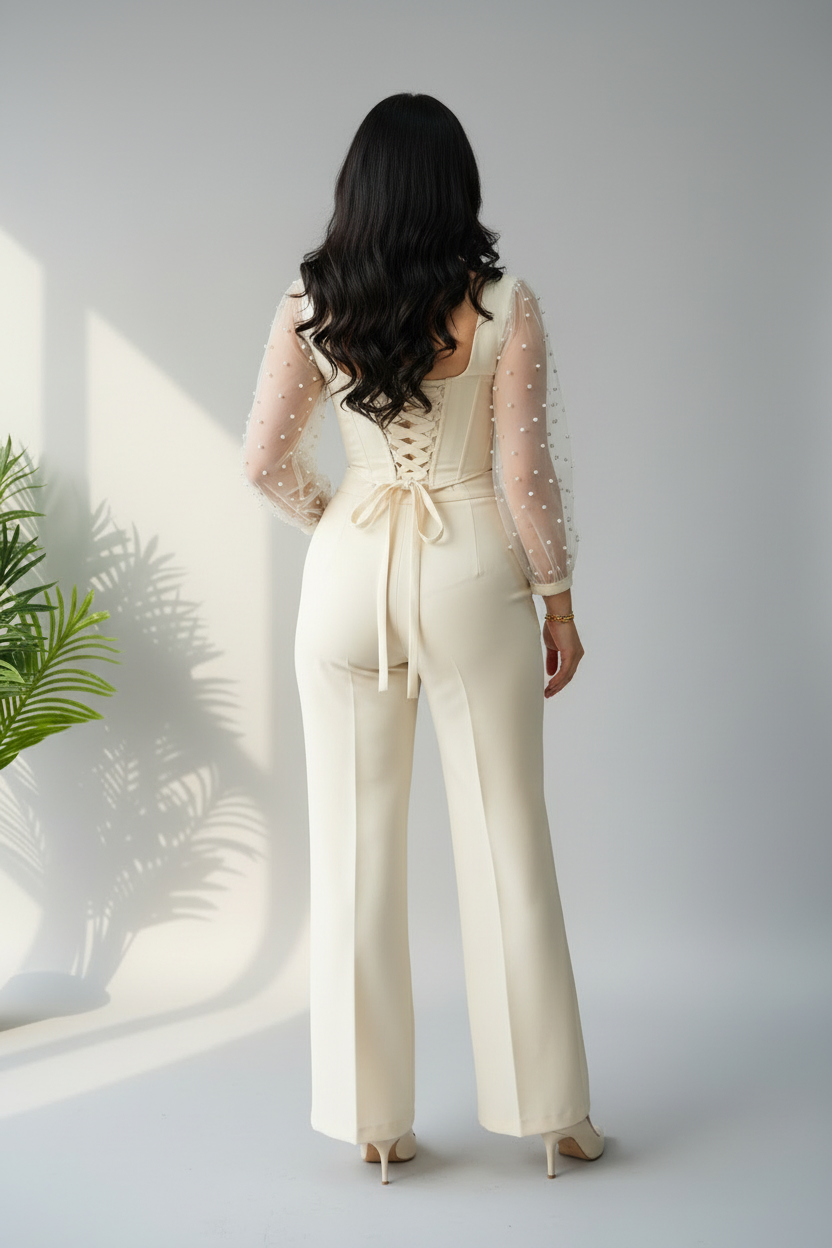 Conjunto Crema Corset con Mangas Tul de Perlas y Pantalón Acampanado cod.654